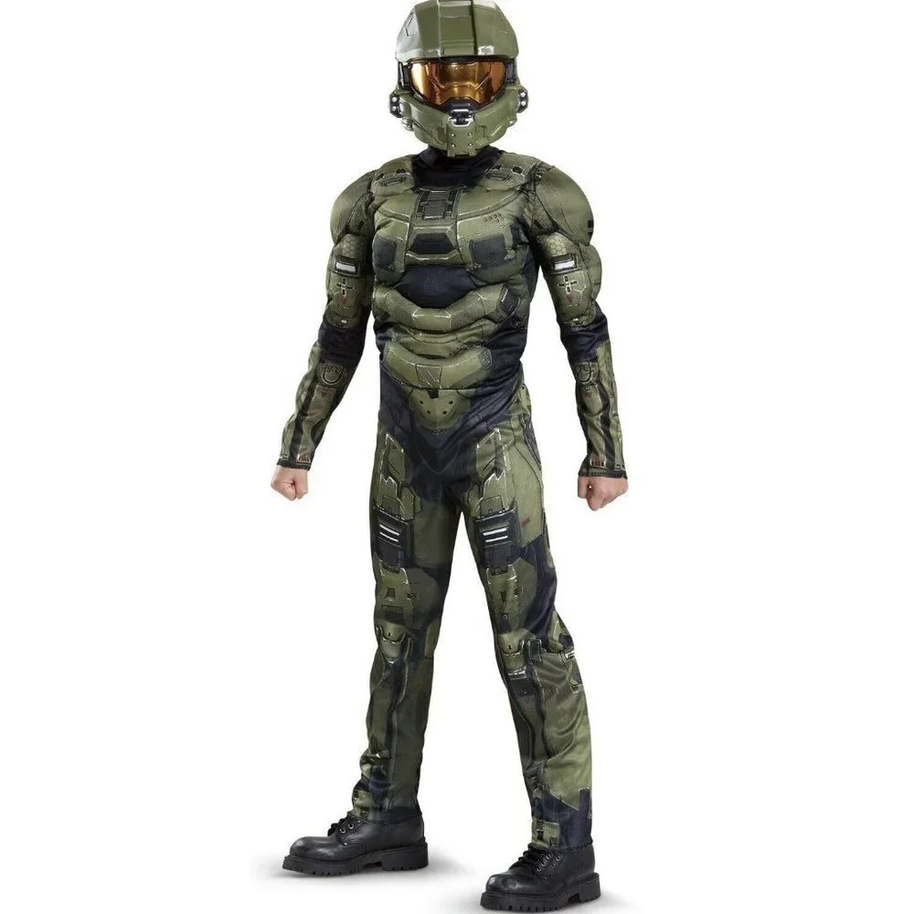 NEW Halo Master Chief Halloween Costume Boys Small 4-6 Green Mask Muscles